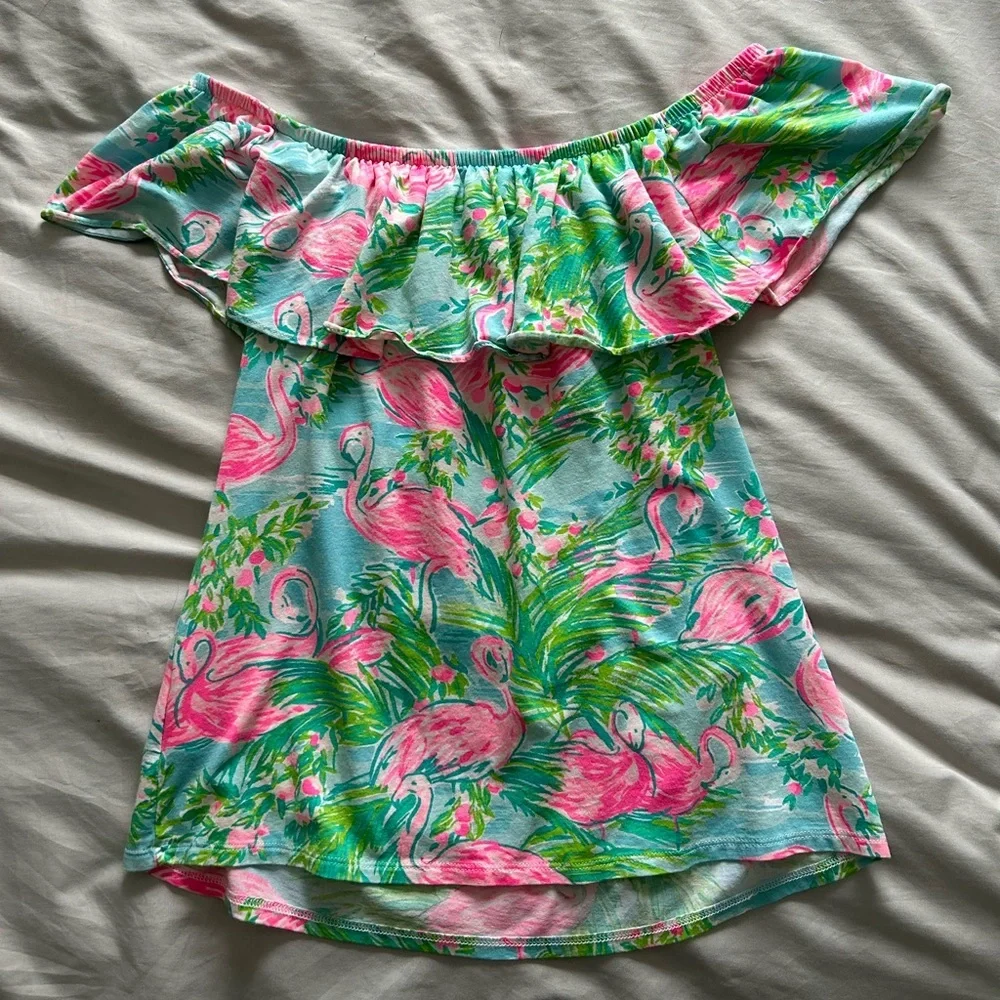 Lilly Pulitzer La Fortuna Off The Shoulder Flamingo Print Ruffle Top - Picture 9 of 9